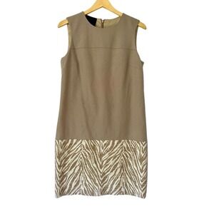 Carlisle Dress Shift Sz 10 Beige Tan White Tiger Stripe Hem Wool Bl‎ Midi Lined